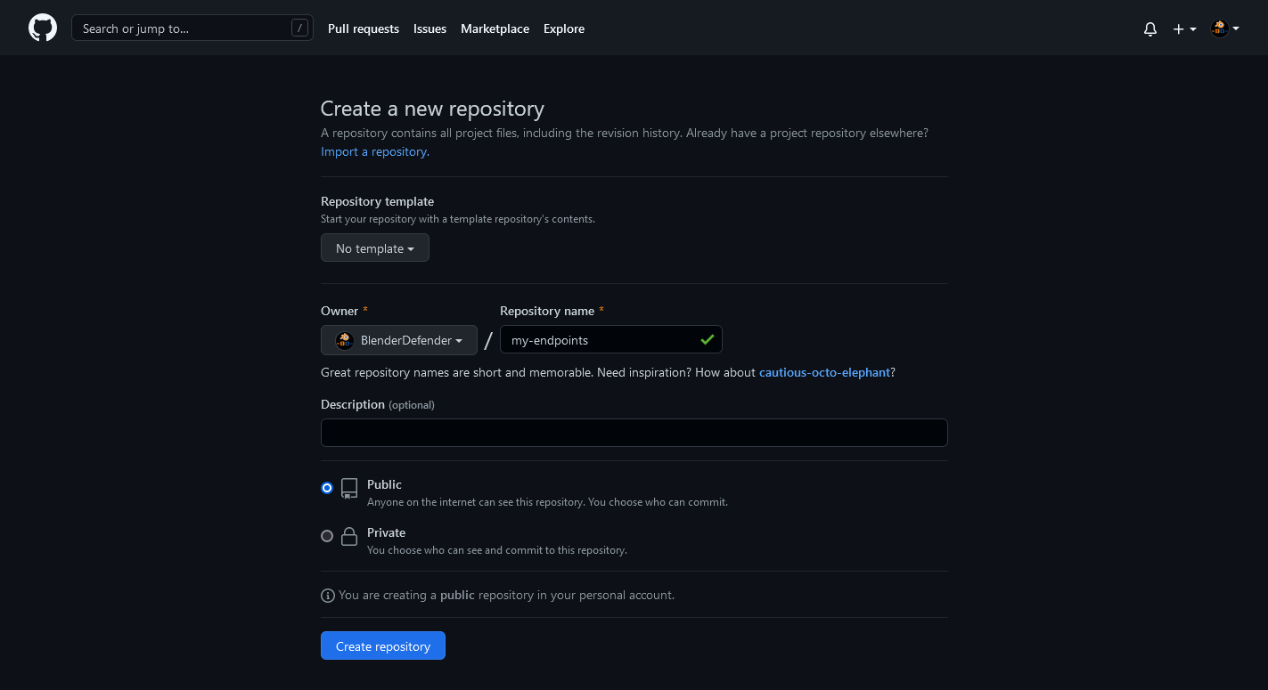 GitHub create repository page, creating a public repository with name my-endpoints.